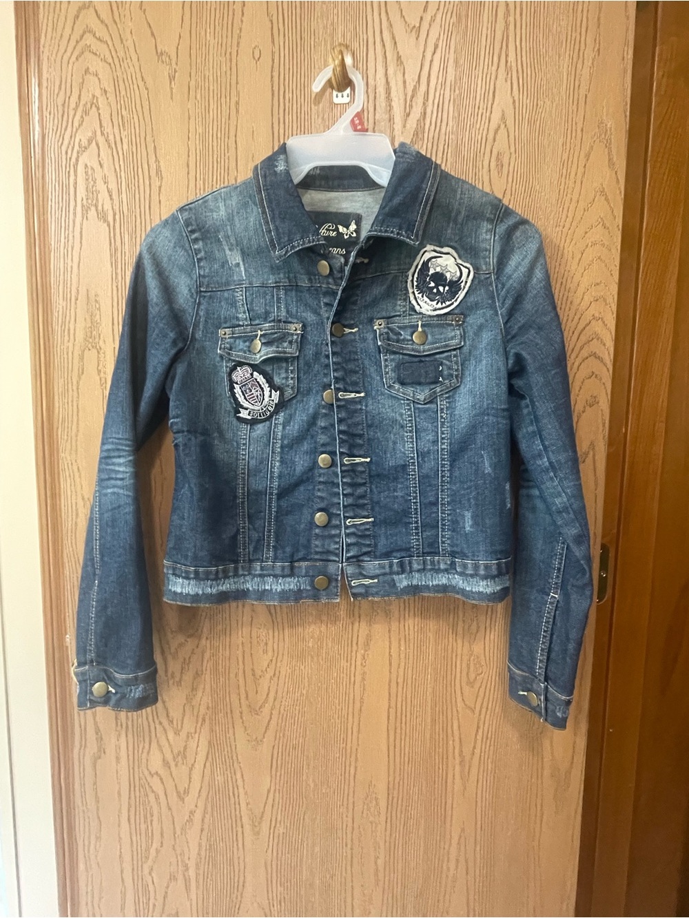 Embroidered Dark Blue Denim Jacket with Patch Details—-stretchy!